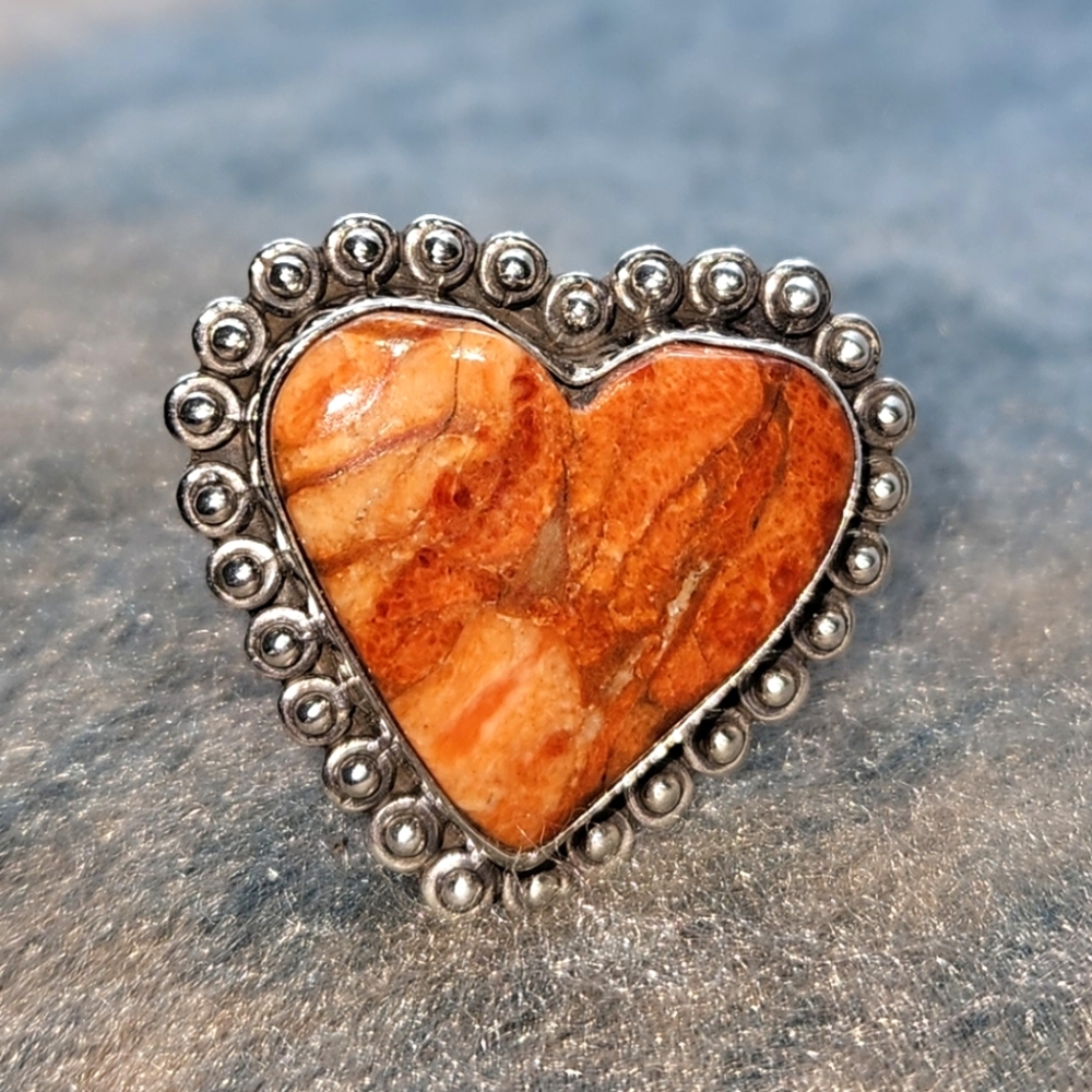 Sterling Silver Orange Sponge Coral Heart Ring Southwest Sz 12